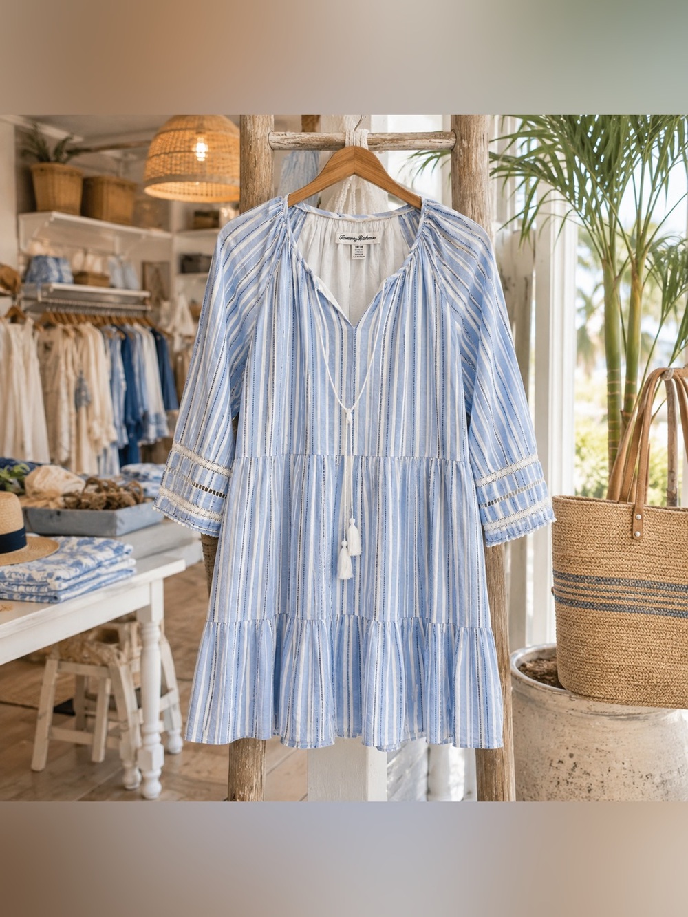 Tommy Bahama Blue Striped Tiered Dress Lace Trim Resort Cover-Up M - Picture 2 of 12